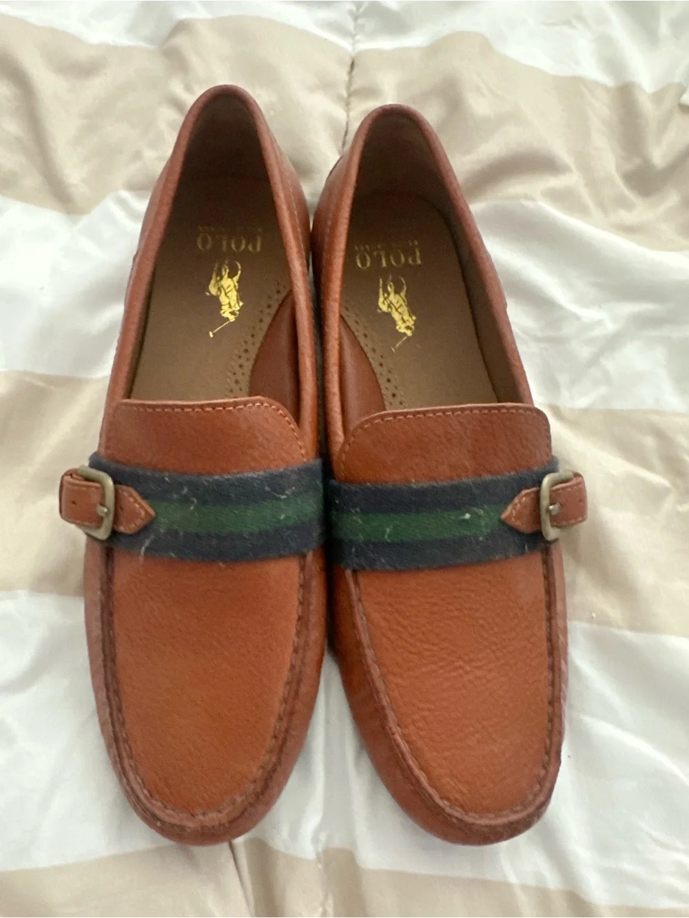 Polo by Ralph Lauren Brown Leather Loafers with Navy and Green Band